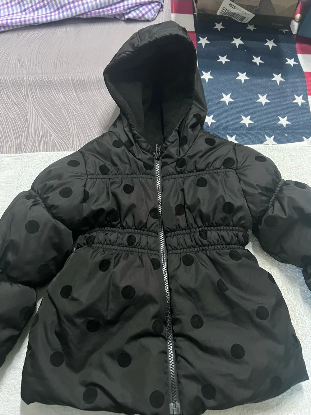 Old Navy Girls 4T Black Polka Dot Hooded Puffer Jacket Fleece Lined Winter Coat
